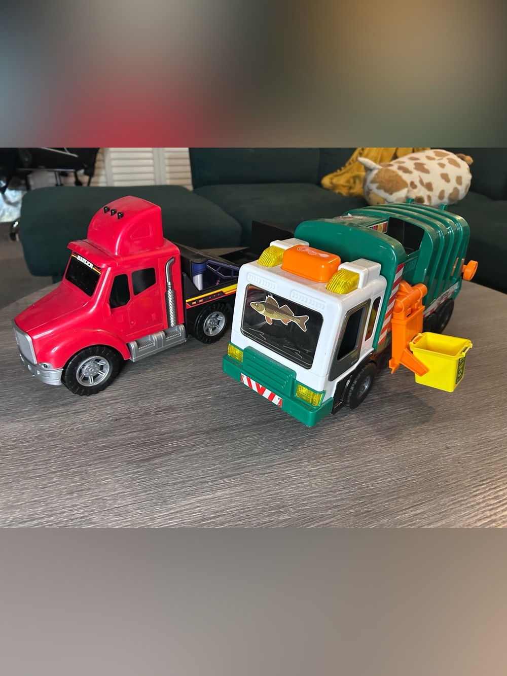 Green and White Toy Garbage Truck with Red Toy Tow Truck - Kids Toys